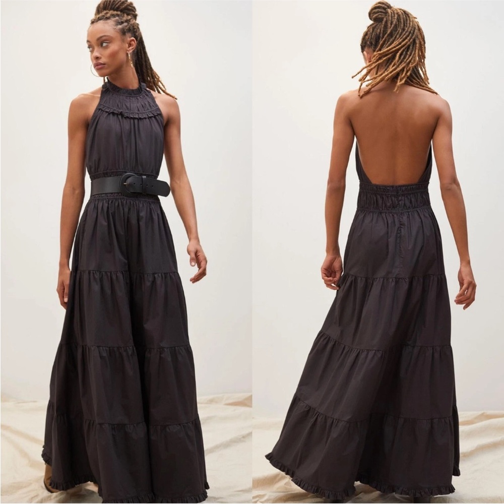 Magali Pascal Black Halter Maxi Dress S Tiered Open Back